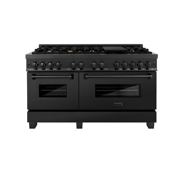 ZLINE 60 in. 7.4 cu. ft. Legacy Dual Fuel Range with Gas Cooktop and 2 Electric Convection Ovens in Black Stainless Steel with 8 Brass Burners, Open Box-Great Condition