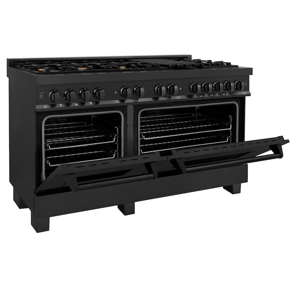 ZLINE 60 in. 7.4 cu. ft. Legacy Dual Fuel Range with Gas Cooktop and 2 Electric Convection Ovens in Black Stainless Steel with 8 Brass Burners, Open Box-Great Condition