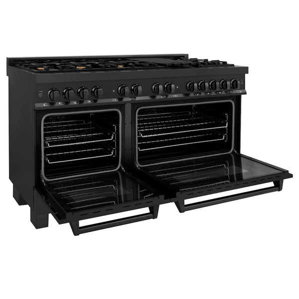 ZLINE 60 in. 7.4 cu. ft. Legacy Dual Fuel Range with Gas Cooktop and 2 Electric Convection Ovens in Black Stainless Steel with 8 Brass Burners, Open Box-Great Condition