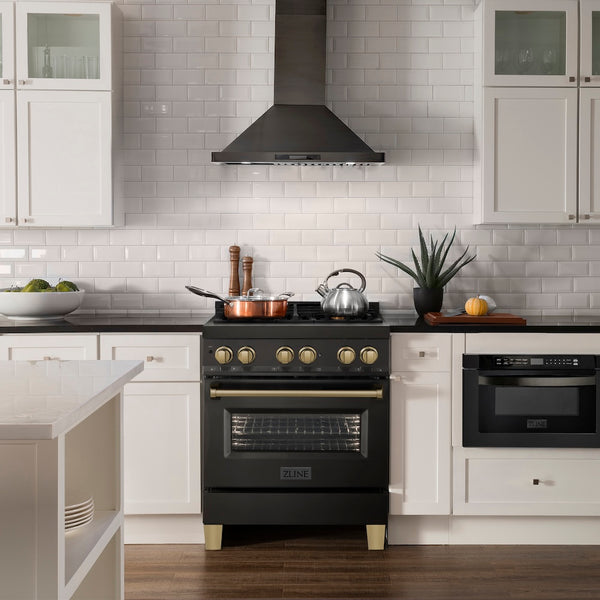 ZLINE Autograph Edition 30 in. 4.0 cu. ft. Legacy Dual Fuel Range with 4 Burner Gas Cooktop and Electric Convection Oven in Black Stainless Steel and Champagne Bronze Accents, Open Box-Great Condition