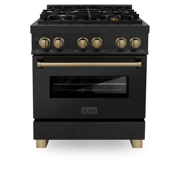 ZLINE Autograph Edition 30 in. 4.0 cu. ft. Legacy Dual Fuel Range with 4 Burner Gas Cooktop and Electric Convection Oven in Black Stainless Steel and Champagne Bronze Accents, Open Box-Great Condition