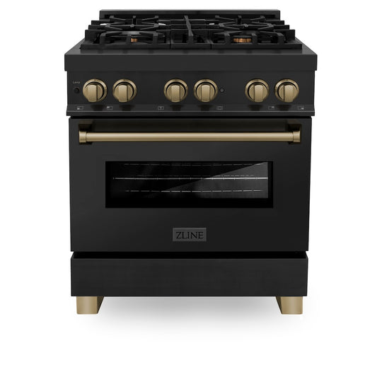 ZLINE Autograph Edition 30 in. 4.0 cu. ft. Legacy Dual Fuel Range with 4 Burner Gas Cooktop and Electric Convection Oven in Black Stainless Steel and Champagne Bronze Accents (RABZ-30-CB)
