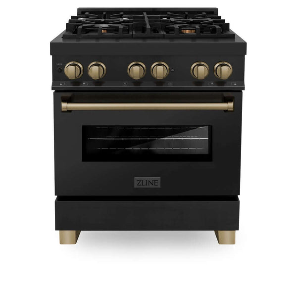 ZLINE Autograph Edition 30 in. 4.0 cu. ft. Legacy Dual Fuel Range with 4 Burner Gas Cooktop and Electric Convection Oven in Black Stainless Steel and Champagne Bronze Accents, Open Box-Good Condition