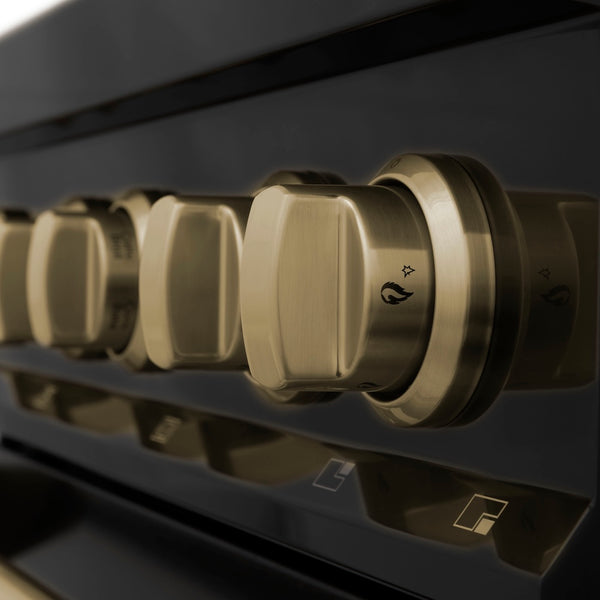 ZLINE Autograph Edition 30 in. 4.0 cu. ft. Legacy Dual Fuel Range with 4 Burner Gas Cooktop and Electric Convection Oven in Black Stainless Steel and Champagne Bronze Accents, Open Box-Great Condition
