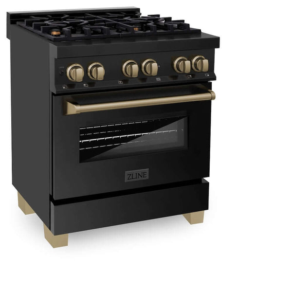 ZLINE Autograph Edition 30 in. 4.0 cu. ft. Legacy Dual Fuel Range with 4 Burner Gas Cooktop and Electric Convection Oven in Black Stainless Steel and Champagne Bronze Accents, Open Box-Good Condition