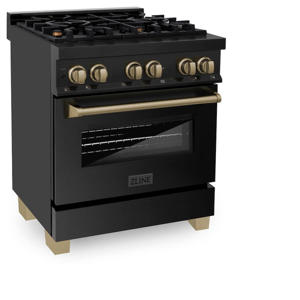 ZLINE Autograph Edition 30 in. 4.0 cu. ft. Legacy Dual Fuel Range with 4 Burner Gas Cooktop and Electric Convection Oven in Black Stainless Steel and Champagne Bronze Accents, Open Box-Great Condition