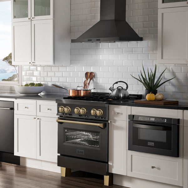 ZLINE Autograph Edition 30 in. 4.0 cu. ft. Legacy Dual Fuel Range with 4 Burner Gas Cooktop and Electric Convection Oven in Black Stainless Steel and Champagne Bronze Accents, Open Box-Great Condition