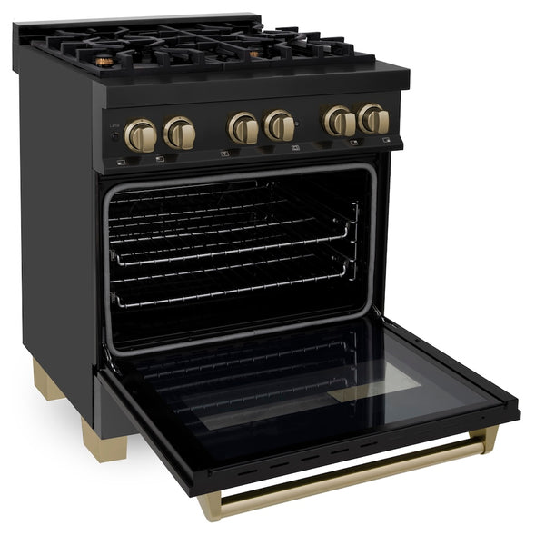 ZLINE Autograph Edition 30 in. 4.0 cu. ft. Legacy Dual Fuel Range with 4 Burner Gas Cooktop and Electric Convection Oven in Black Stainless Steel and Champagne Bronze Accents, Open Box-Great Condition