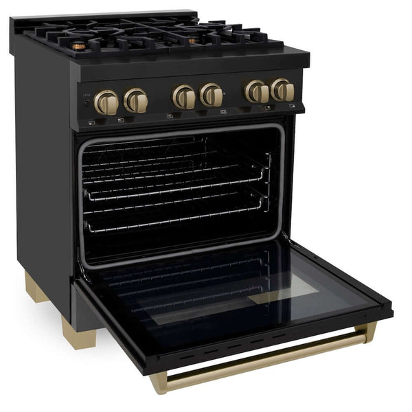 ZLINE Autograph Edition 30 in. 4.0 cu. ft. Legacy Dual Fuel Range with 4 Burner Gas Cooktop and Electric Convection Oven in Black Stainless Steel and Champagne Bronze Accents, Open Box-Good Condition