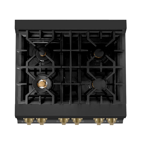 ZLINE Autograph Edition 30 in. 4.0 cu. ft. Legacy Dual Fuel Range with 4 Burner Gas Cooktop and Electric Convection Oven in Black Stainless Steel and Champagne Bronze Accents (RABZ-30-CB)