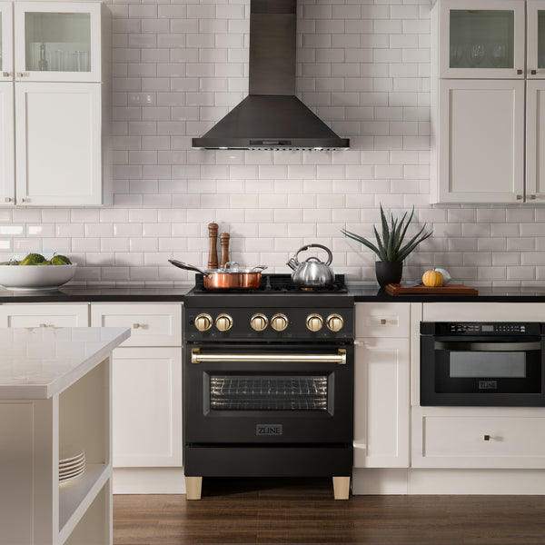 ZLINE Autograph Edition 30 in. 4.0 cu. ft. Legacy Dual Fuel Range with 4 Burner Gas Cooktop and Electric Convection Oven in Black Stainless Steel and Polished Gold Accents, Open Box-Great Condition