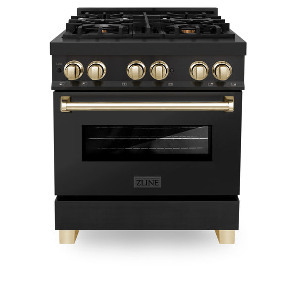 ZLINE Autograph Edition 30 in. 4.0 cu. ft. Legacy Dual Fuel Range with 4 Burner Gas Cooktop and Electric Convection Oven in Black Stainless Steel and Polished Gold Accents, Open Box-Great Condition