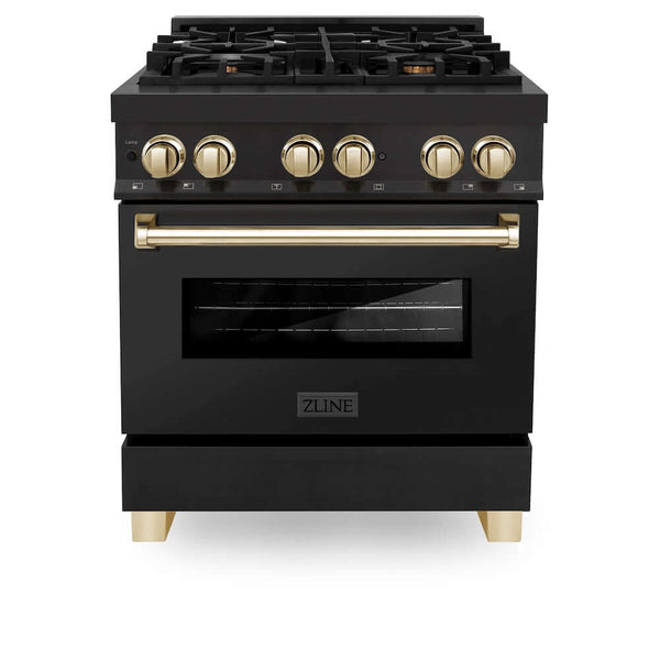 ZLINE Autograph Edition 30 in. 4.0 cu. ft. Legacy Dual Fuel Range with 4 Burner Gas Cooktop and Electric Convection Oven in Black Stainless Steel and Polished Gold Accents, Open Box-Good Condition