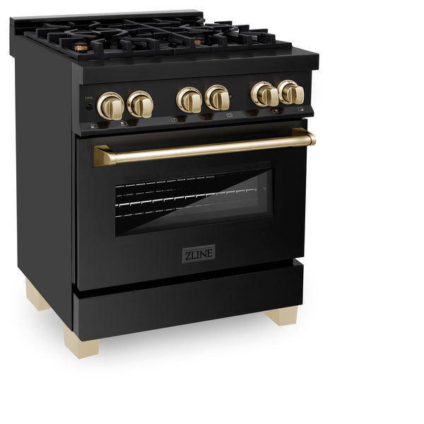 ZLINE Autograph Edition 30 in. 4.0 cu. ft. Legacy Dual Fuel Range with 4 Burner Gas Cooktop and Electric Convection Oven in Black Stainless Steel and Polished Gold Accents, Open Box-Great Condition