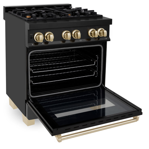 ZLINE Autograph Edition 30 in. 4.0 cu. ft. Legacy Dual Fuel Range with 4 Burner Gas Cooktop and Electric Convection Oven in Black Stainless Steel and Polished Gold Accents, Open Box-Great Condition