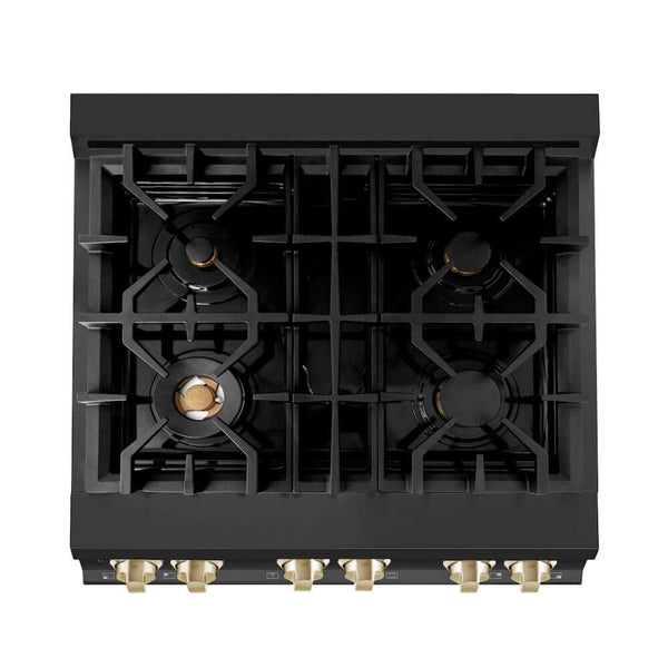 ZLINE Autograph Edition 30 in. 4.0 cu. ft. Legacy Dual Fuel Range with 4 Burner Gas Cooktop and Electric Convection Oven in Black Stainless Steel and Polished Gold Accents, Open Box-Good Condition