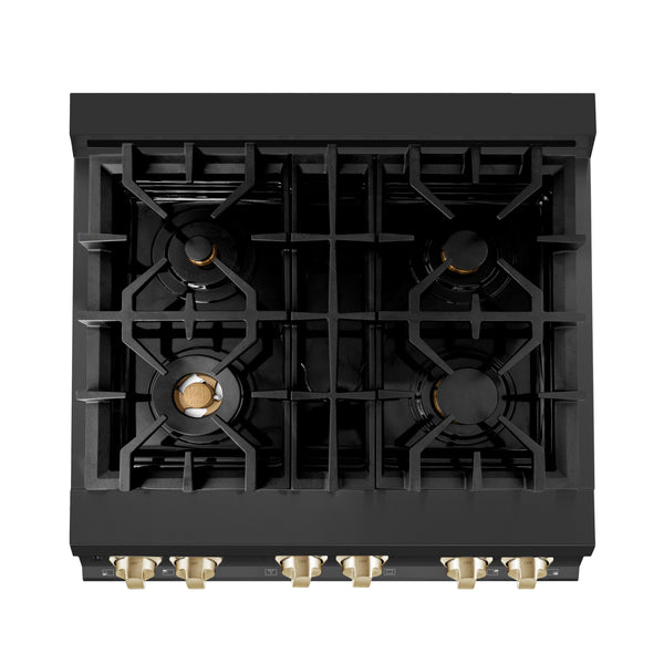 ZLINE Autograph Edition 30 in. 4.0 cu. ft. Legacy Dual Fuel Range with 4 Burner Gas Cooktop and Electric Convection Oven in Black Stainless Steel and Polished Gold Accents, Open Box-Great Condition