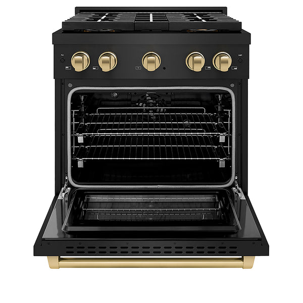 ZLINE Autograph Edition 30 in. 4.2 cu. ft. Paramount Dual Fuel Range with 4 Burner DuoPro™ Cooktop and Electric Convection Oven in Black Stainless Steel and Champagne Bronze Accents, Open Box-Great Condition