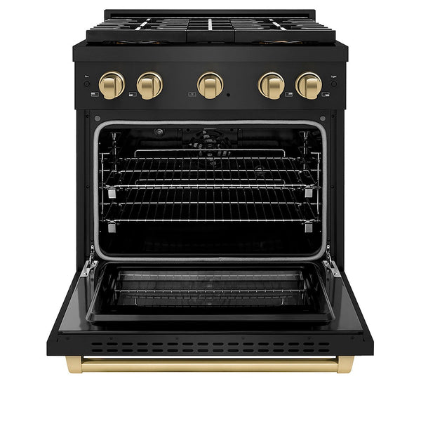 ZLINE Autograph Edition 30 in. 4.2 cu. ft. Paramount Dual Fuel Range with 4 Burner DuoPro™ Cooktop and Electric Convection Oven in Black Stainless Steel and Champagne Bronze Accents, Open Box-Good Condition