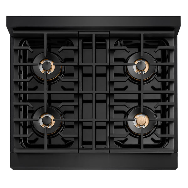 ZLINE Autograph Edition 30 in. 4.2 cu. ft. Paramount Dual Fuel Range with 4 Burner DuoPro™ Cooktop and Electric Convection Oven in Black Stainless Steel and Champagne Bronze Accents (PSDRBZ-30-CB)