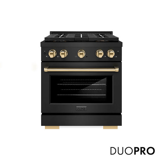 ZLINE Autograph Edition 30 in. 4.2 cu. ft. Paramount Dual Fuel Range with 4 Burner DuoPro™ Cooktop and Electric Convection Oven in Black Stainless Steel and Polished Gold Accents, Open Box-Good Condition