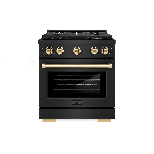 ZLINE Autograph Edition 30 in. 4.2 cu. ft. Paramount Dual Fuel Range with 4 Burner DuoPro™ Cooktop and Electric Convection Oven in Black Stainless Steel and Polished Gold Accents, Open Box-Good Condition