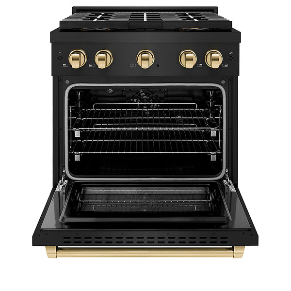 ZLINE Autograph Edition 30 in. 4.2 cu. ft. Paramount Dual Fuel Range with 4 Burner DuoPro™ Cooktop and Electric Convection Oven in Black Stainless Steel and Polished Gold Accents, Open Box-Great Condition