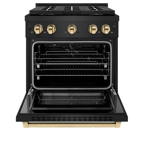 ZLINE Autograph Edition 30 in. 4.2 cu. ft. Paramount Dual Fuel Range with 4 Burner DuoPro™ Cooktop and Electric Convection Oven in Black Stainless Steel and Polished Gold Accents, Open Box-Good Condition
