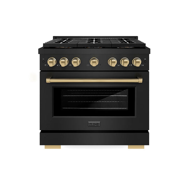 ZLINE Autograph Edition 36 in. 5.2 cu. ft. Paramount Dual Fuel Range with 6 Burner DuoPro™ Cooktop and Electric Convection Oven in Black Stainless Steel and Champagne Bronze Accents, Open Box-Good Condition