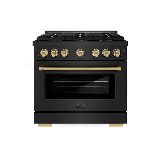 ZLINE Autograph Edition 36 in. 5.2 cu. ft. Paramount Dual Fuel Range with 6 Burner DuoPro™ Cooktop and Electric Convection Oven in Black Stainless Steel and Champagne Bronze Accents (PSDRBZ-36-CB)