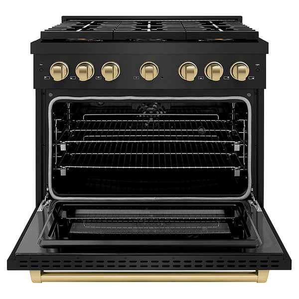 ZLINE Autograph Edition 36 in. 5.2 cu. ft. Paramount Dual Fuel Range with 6 Burner DuoPro™ Cooktop and Electric Convection Oven in Black Stainless Steel and Champagne Bronze Accents, Open Box-Great Condition