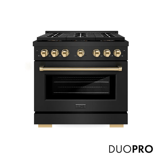 ZLINE Autograph Edition 36 in. 5.2 cu. ft. Paramount Dual Fuel Range with 6 Burner DuoPro™ Cooktop and Electric Convection Oven in Black Stainless Steel and Polished Gold Accents, Open Box-Good Condition