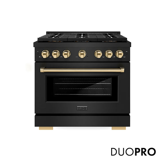 ZLINE Autograph Edition 36 in. 5.2 cu. ft. Paramount Dual Fuel Range with 6 Burner DuoPro™ Cooktop and Electric Convection Oven in Black Stainless Steel and Polished Gold Accents (PSDRBZ-36-G)