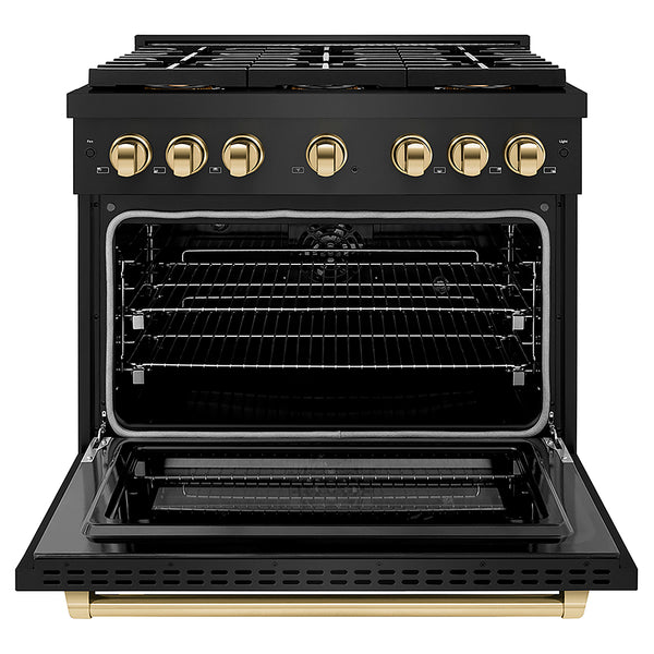 ZLINE Autograph Edition 36 in. 5.2 cu. ft. Paramount Dual Fuel Range with 6 Burner DuoPro™ Cooktop and Electric Convection Oven in Black Stainless Steel and Polished Gold Accents, Open Box-Great Condition