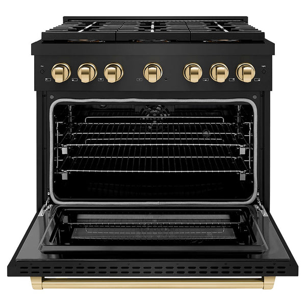 ZLINE Autograph Edition 36 in. 5.2 cu. ft. Paramount Dual Fuel Range with 6 Burner DuoPro™ Cooktop and Electric Convection Oven in Black Stainless Steel and Polished Gold Accents, Open Box-Good Condition