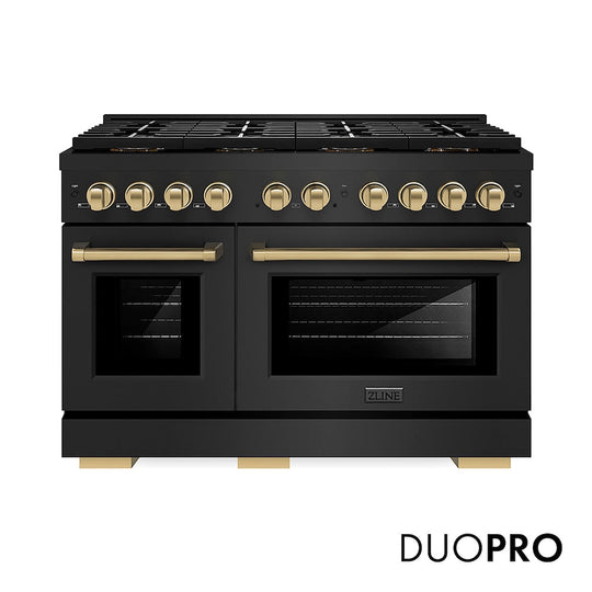 ZLINE Autograph Edition 48 in. 6.7 cu. ft. Paramount Dual Fuel Range with 8 Burner DuoPro™ Cooktop and Dual Ovens in Black Stainless Steel and Champagne Bronze Accents, Open Box-Good Condition