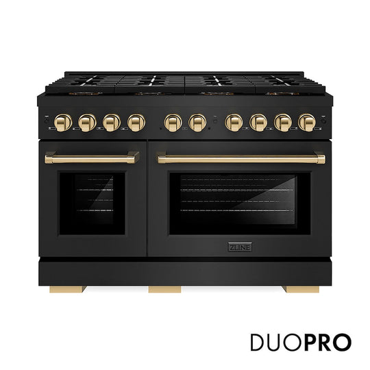 ZLINE Autograph Edition 48 in. 6.7 cu. ft. Paramount Dual Fuel Range with 8 Burner DuoPro™ Cooktop and Dual Ovens in Black Stainless Steel and Polished Gold Accents, Open Box-Good Condition