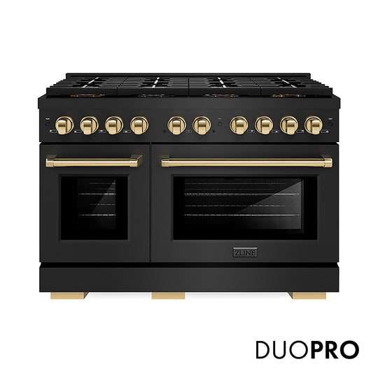 ZLINE Autograph Edition 48 in. 6.7 cu. ft. Paramount Dual Fuel Range with 8 Burner DuoPro™ Cooktop and Dual Ovens in Black Stainless Steel and Polished Gold Accents, Open Box-Great Condition