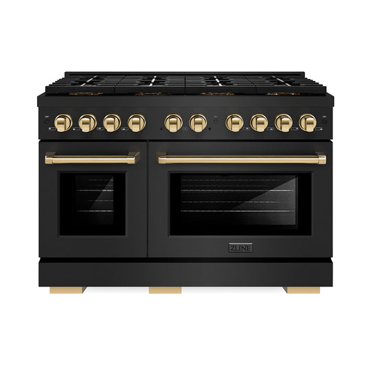 ZLINE Autograph Edition 48 in. 6.7 cu. ft. Paramount Dual Fuel Range with 8 Burner DuoPro™ Cooktop and Dual Ovens in Black Stainless Steel and Polished Gold Accents (PSDRBZ-48-G)