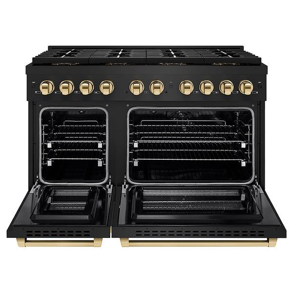 ZLINE Autograph Edition 48 in. 6.7 cu. ft. Paramount Dual Fuel Range with 8 Burner DuoPro™ Cooktop and Dual Ovens in Black Stainless Steel and Polished Gold Accents, Open Box-Great Condition