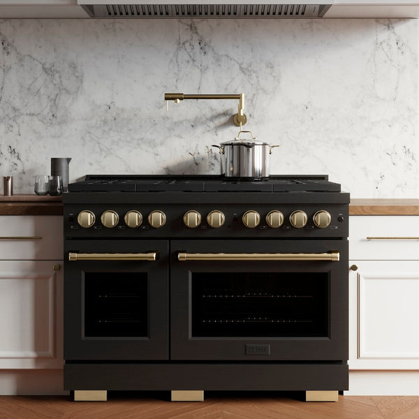 ZLINE Autograph Edition 48 in. 6.7 cu. ft. Paramount Double Oven Dual Fuel Range with 8 Burner Gas Cooktop in Black Stainless Steel and Champagne Bronze Accents, Open Box-Good Condition