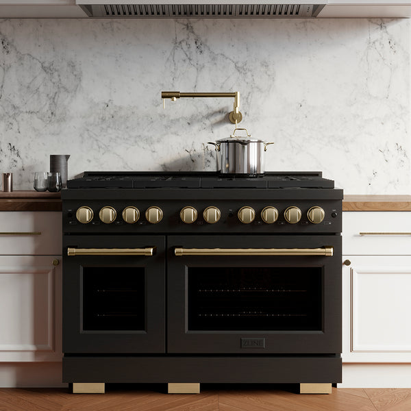 ZLINE Autograph Edition 48 in. 6.7 cu. ft. Paramount Double Oven Gas Range with 8 Burner Cooktop in Black Stainless Steel and Champagne Bronze Accents, Open Box-Great Condition