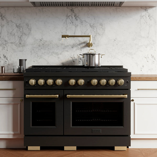 ZLINE Autograph Edition 48 in. 6.7 cu. ft. Paramount Double Oven Gas Range with 8 Burner Cooktop in Black Stainless Steel and Champagne Bronze Accents, Open Box-Good Condition