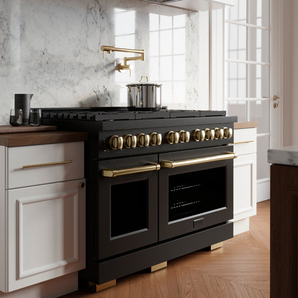ZLINE Autograph Edition 48 in. 6.7 cu. ft. Paramount Double Oven Gas Range with 8 Burner Cooktop in Black Stainless Steel and Polished Gold Accents, Open Box-Great Condition