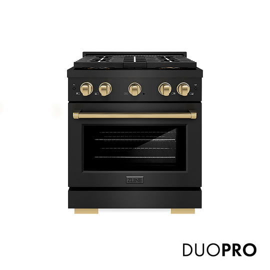 ZLINE Autograph Edition 30 in. 4.2 cu. ft. Paramount Gas Range with 4 Burner DuoPro™ Cooktop and Convection Gas Oven in Black Stainless Steel and Champagne Bronze Accents, Open Box-Great Condition