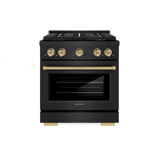 ZLINE Autograph Edition 30 in. 4.2 cu. ft. Paramount Gas Range with 4 Burner DuoPro™ Cooktop and Convection Gas Oven in Black Stainless Steel and Champagne Bronze Accents (PSGRBZ-30-CB)