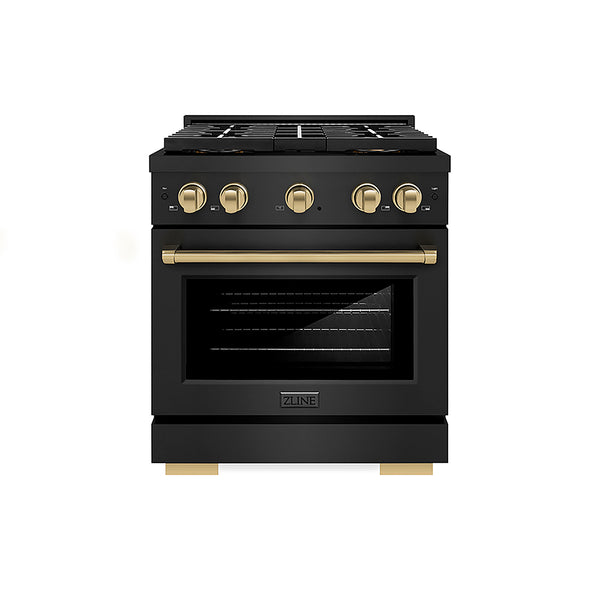 ZLINE Autograph Edition 30 in. 4.2 cu. ft. Paramount Gas Range with 4 Burner DuoPro™ Cooktop and Convection Gas Oven in Black Stainless Steel and Champagne Bronze Accents, Open Box-Great Condition