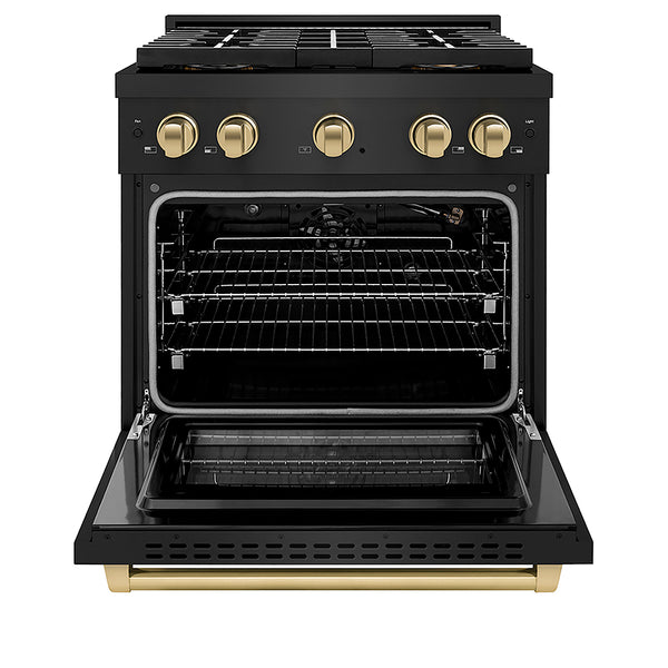 ZLINE Autograph Edition 30 in. 4.2 cu. ft. Paramount Gas Range with 4 Burner DuoPro™ Cooktop and Convection Gas Oven in Black Stainless Steel and Champagne Bronze Accents, Open Box-Great Condition