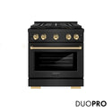 ZLINE Autograph Edition 30 in. 4.2 cu. ft. Paramount Gas Range with 4 Burner DuoPro™ Cooktop and Convection Gas Oven in Black Stainless Steel and Polished Gold Accents, Open Box-Great Condition
