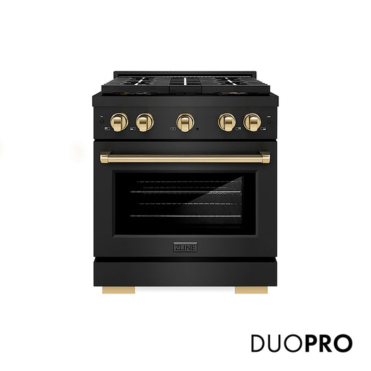 ZLINE Autograph Edition 30 in. 4.2 cu. ft. Paramount Gas Range with 4 Burner DuoPro™ Cooktop and Convection Gas Oven in Black Stainless Steel and Polished Gold Accents, Open Box-Great Condition